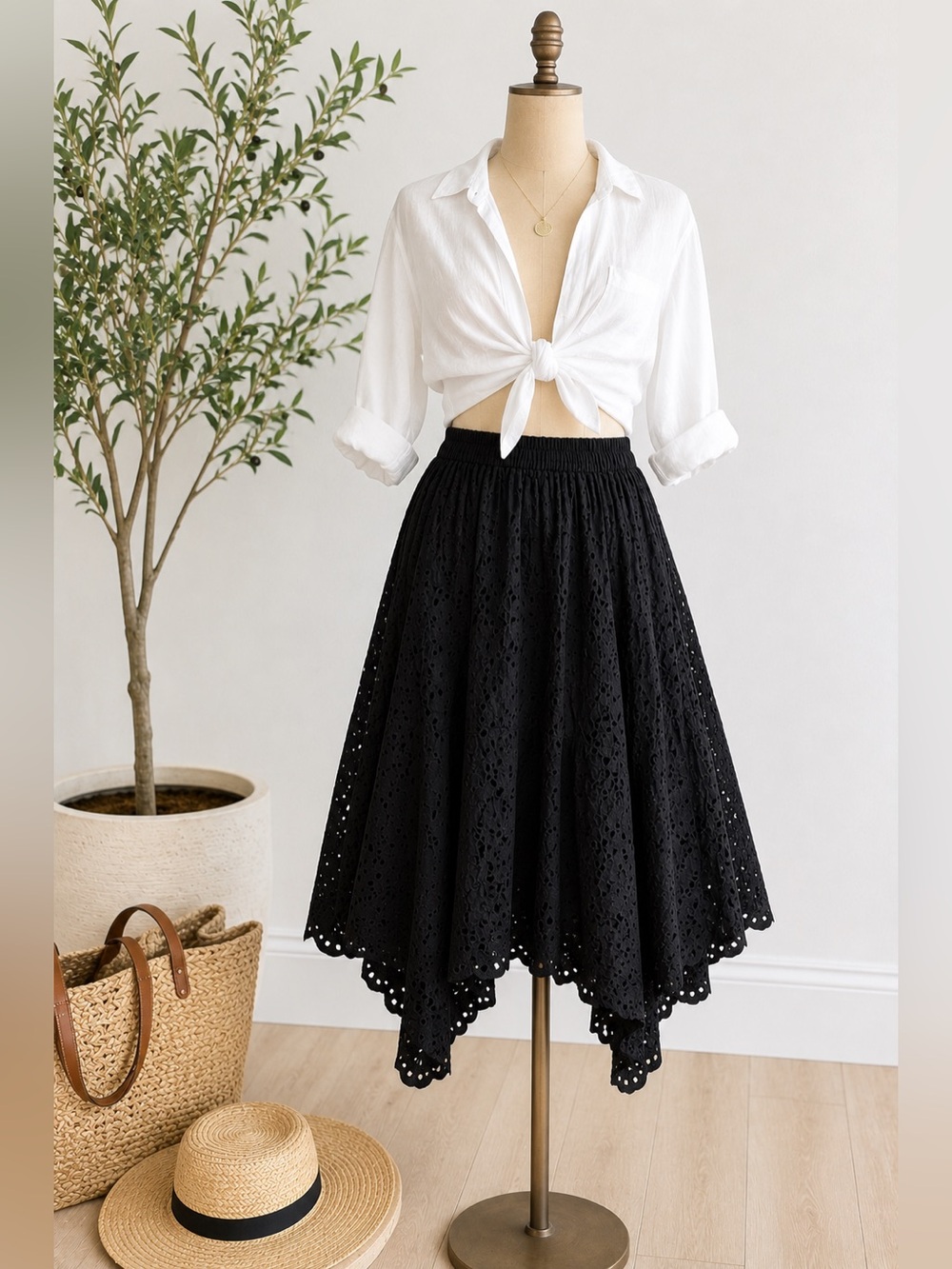 Seafolly Black Eyelet Broderie Anglaise Cotton Midi Skirt Asymmetrical Small - Picture 3 of 7